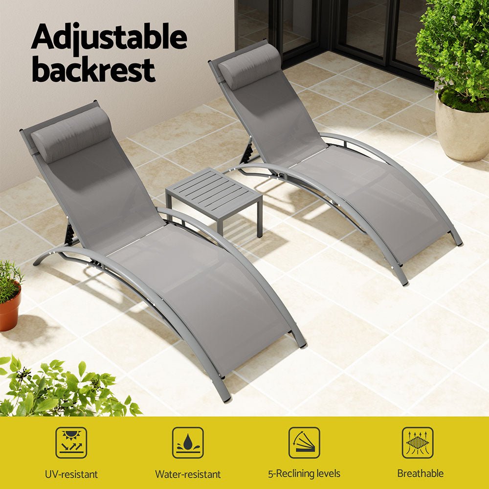 Gardeon 3PC Sun Lounge Outdoor Lounger Steel Table Chairs Patio Furniture Grey - OZ Home Deals