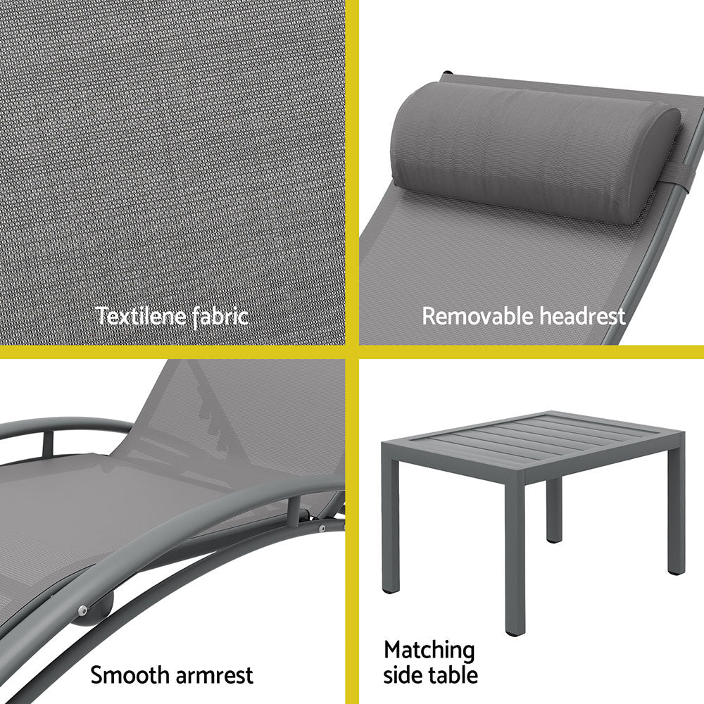 Gardeon 3PC Sun Lounge Outdoor Lounger Steel Table Chairs Patio Furniture Grey - OZ Home Deals