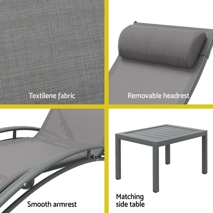 Gardeon 3PC Sun Lounge Outdoor Lounger Steel Table Chairs Patio Furniture Grey - OZ Home Deals