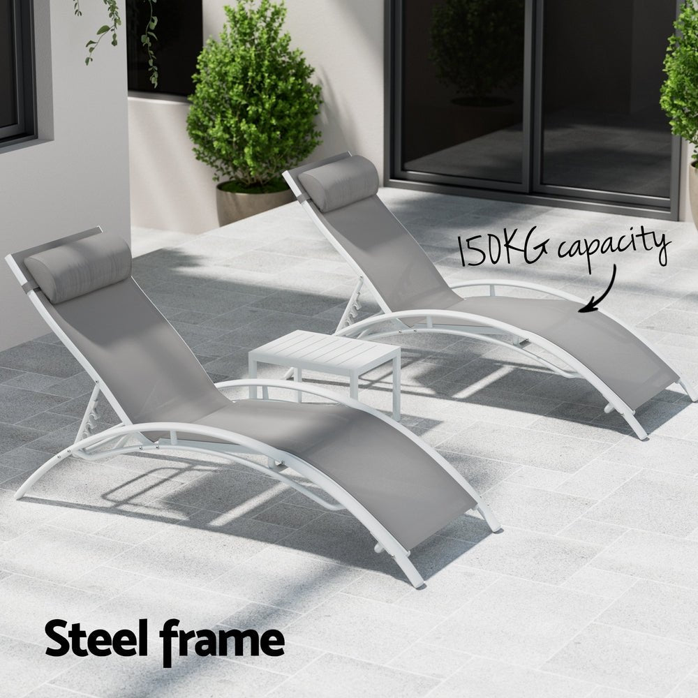 Gardeon 3PC Sun Lounge Outdoor Lounger Table Chairs Steel Patio Furniture Garden - OZ Home Deals