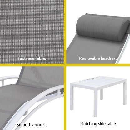 Gardeon 3PC Sun Lounge Outdoor Lounger Table Chairs Steel Patio Furniture Garden - OZ Home Deals