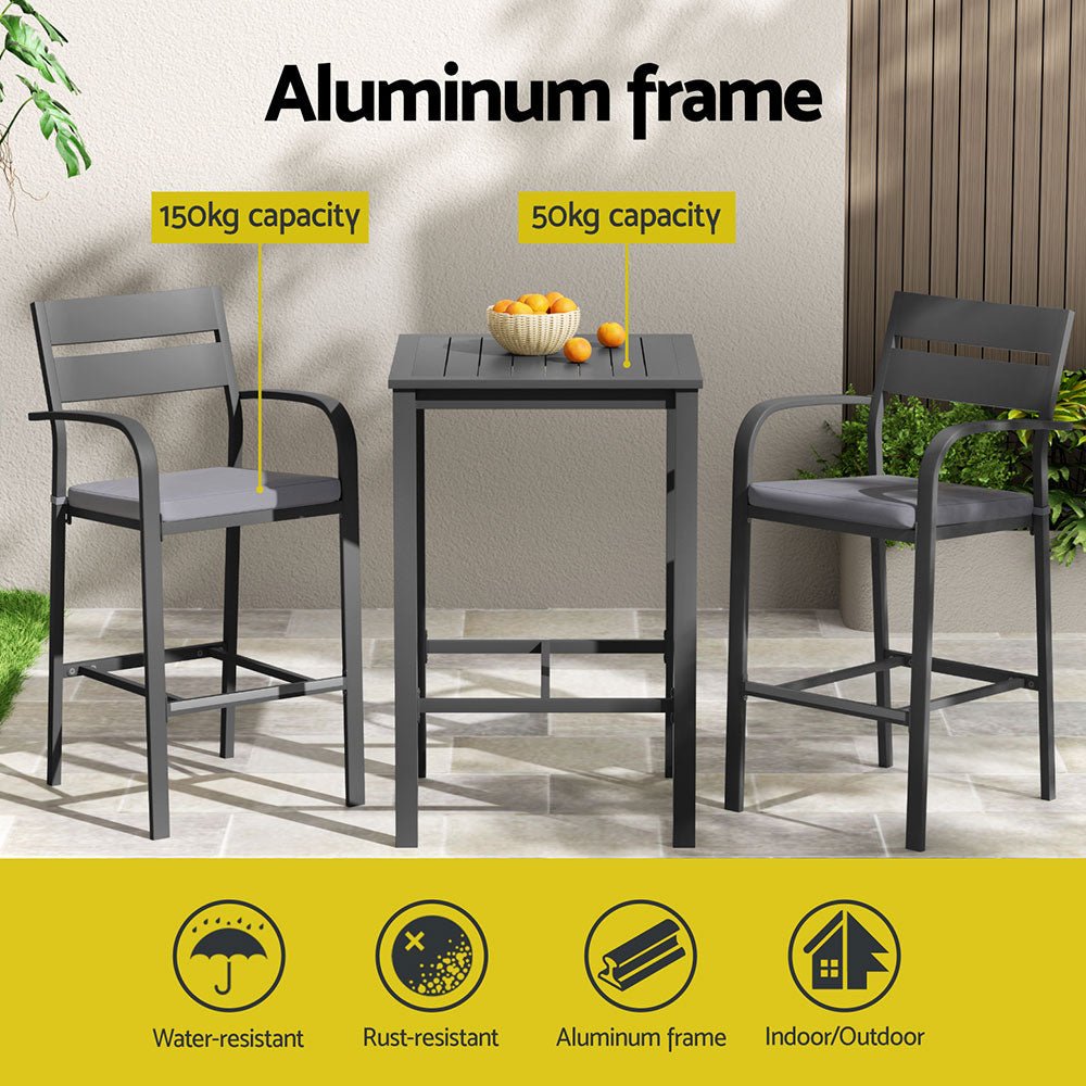 Gardeon 3Pcs Outdoor Bar Set Stools Dining Chairs Table Patio Aluminium Bistro Set Black - OZ Home Deals