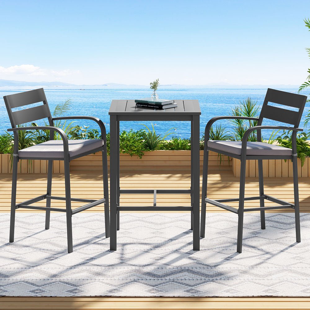 Gardeon 3Pcs Outdoor Bar Set Stools Dining Chairs Table Patio Aluminium Bistro Set Black - OZ Home Deals