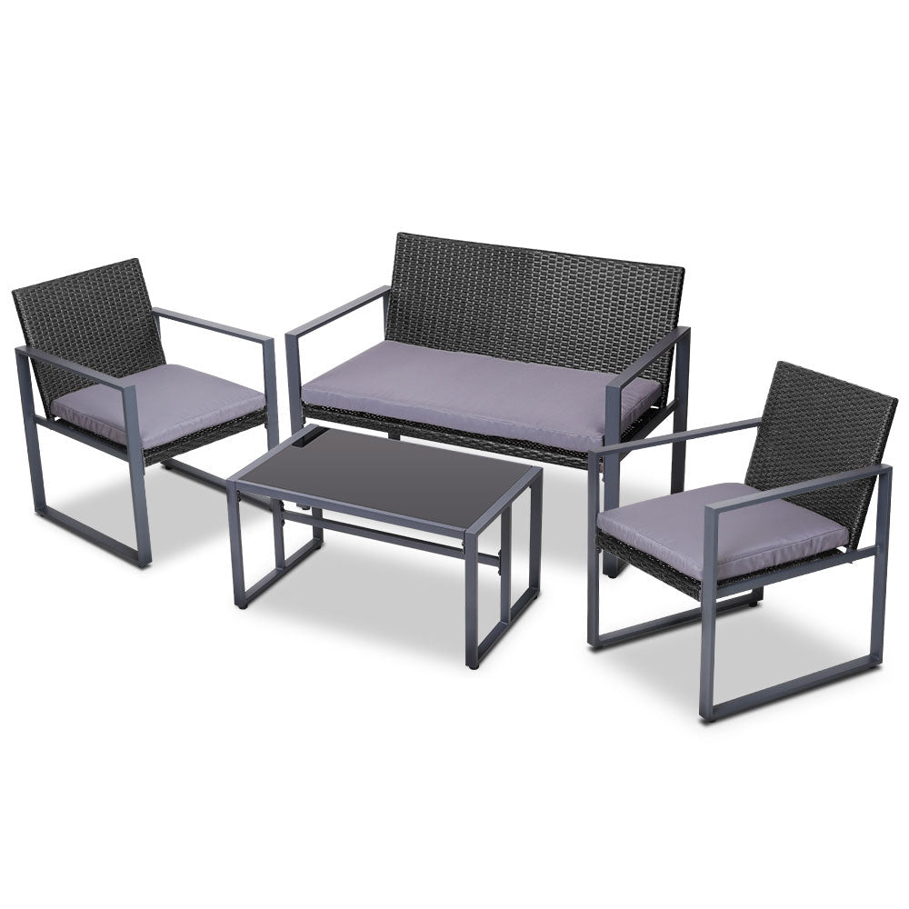 Gardeon 4 PCS Outdoor Sofa Set Rattan Furniture Glass Top Table Chairs Black - OZ Home Deals