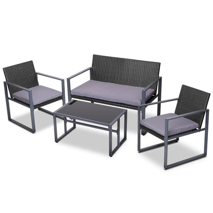 Gardeon 4 PCS Outdoor Sofa Set Rattan Furniture Glass Top Table Chairs Black - OZ Home Deals