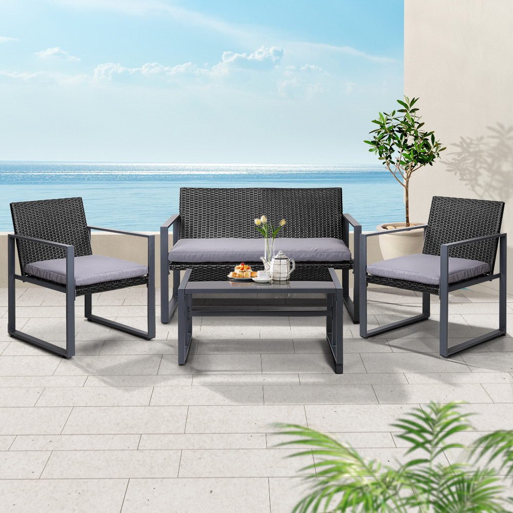 Gardeon 4 PCS Outdoor Sofa Set Rattan Furniture Glass Top Table Chairs Black - OZ Home Deals