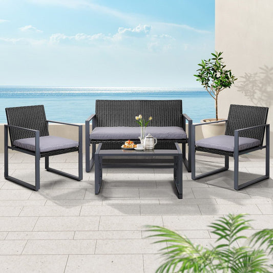Gardeon 4 PCS Outdoor Sofa Set Rattan Furniture Glass Top Table Chairs Black - OZ Home Deals
