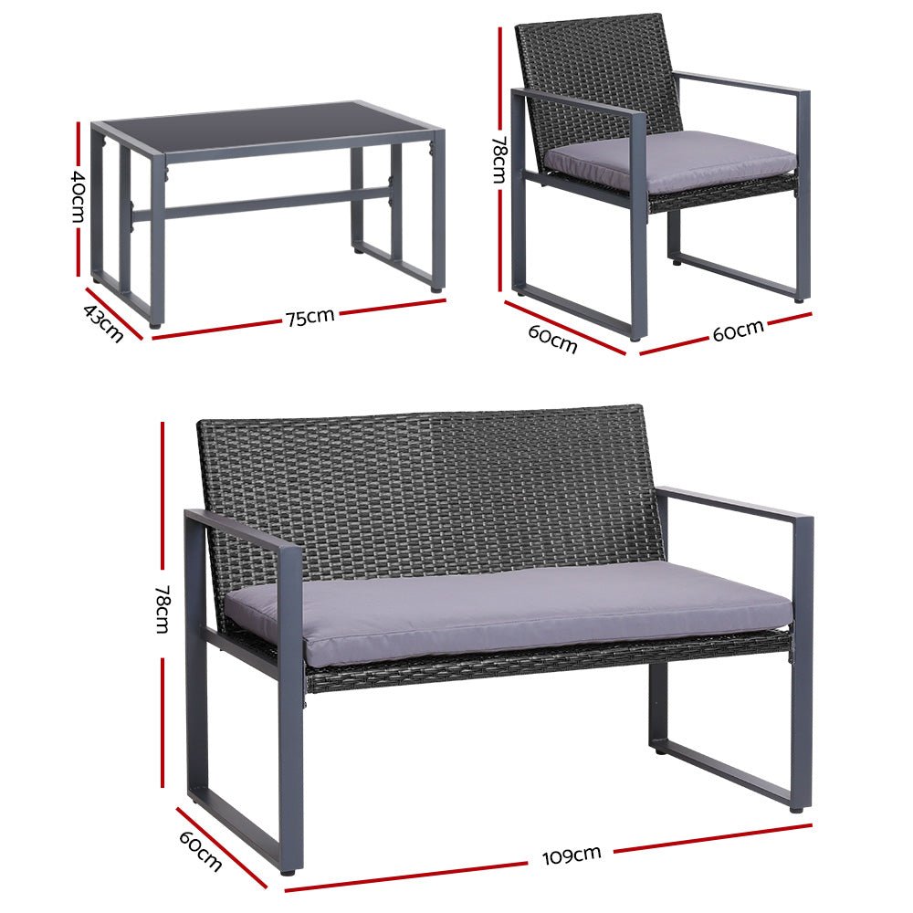 Gardeon 4 PCS Outdoor Sofa Set Rattan Furniture Glass Top Table Chairs Black - OZ Home Deals