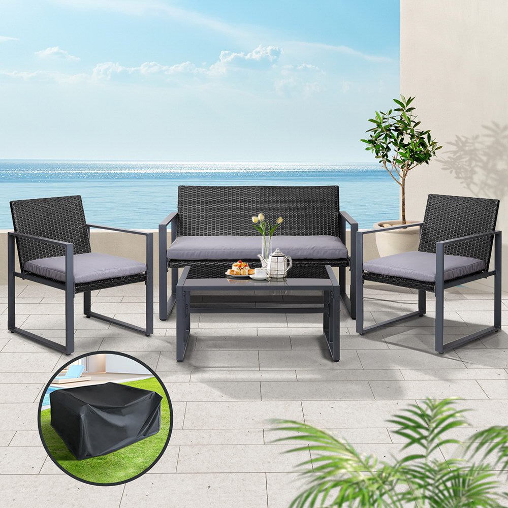 Gardeon 4 PCS Outdoor Sofa Set Rattan Furniture with Storage Cover Chairs Black - OZ Home Deals