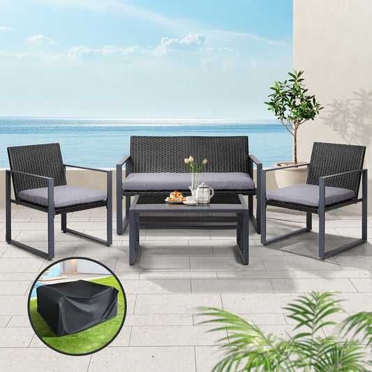 Gardeon 4 PCS Outdoor Sofa Set Rattan Furniture with Storage Cover Chairs Black - OZ Home Deals