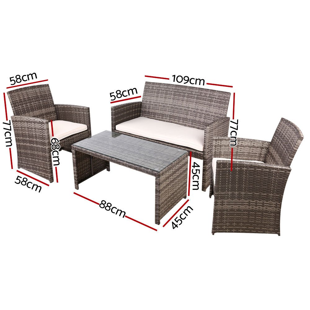 Gardeon 4 PCS Outdoor Sofa Set with Storage Cover Rattan Chair Furniture Grey - OZ Home Deals