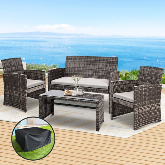 Gardeon 4 PCS Outdoor Sofa Set with Storage Cover Rattan Chair Furniture Grey - OZ Home Deals