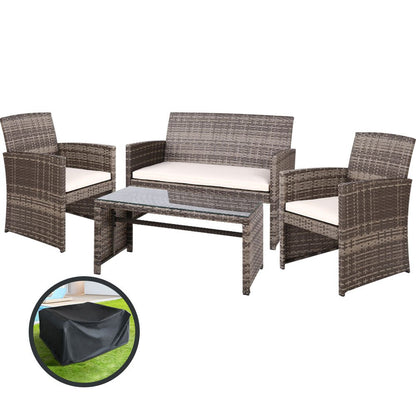 Gardeon 4 PCS Outdoor Sofa Set with Storage Cover Rattan Chair Furniture Grey - OZ Home Deals