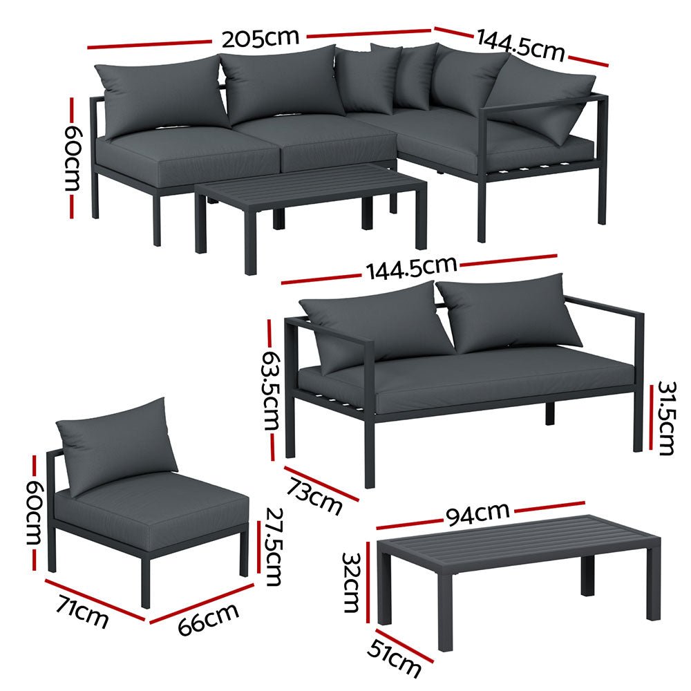 Gardeon 4 Seater Outdoor Sofa Set Aluminium Patio Furniture Setting 4PC Charcoal - OZ Home Deals