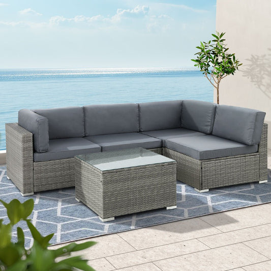 Gardeon 5-Piece Outdoor Sofa Set Wicker Couch Lounge Setting 4 Seater Grey - OZ Home Deals
