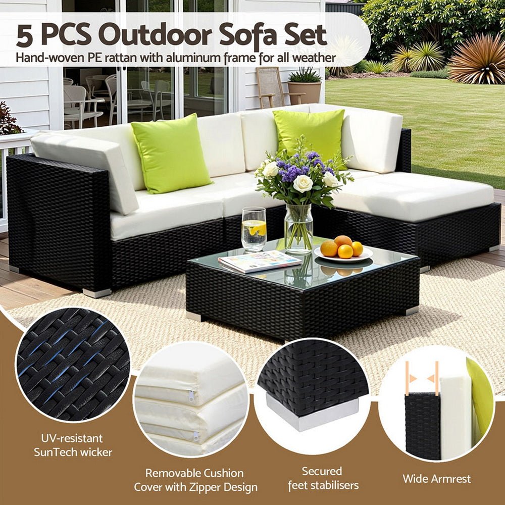 Gardeon 5-Piece Outdoor Sofa Set Wicker Couch Lounge Setting Cover - OZ Home Deals
