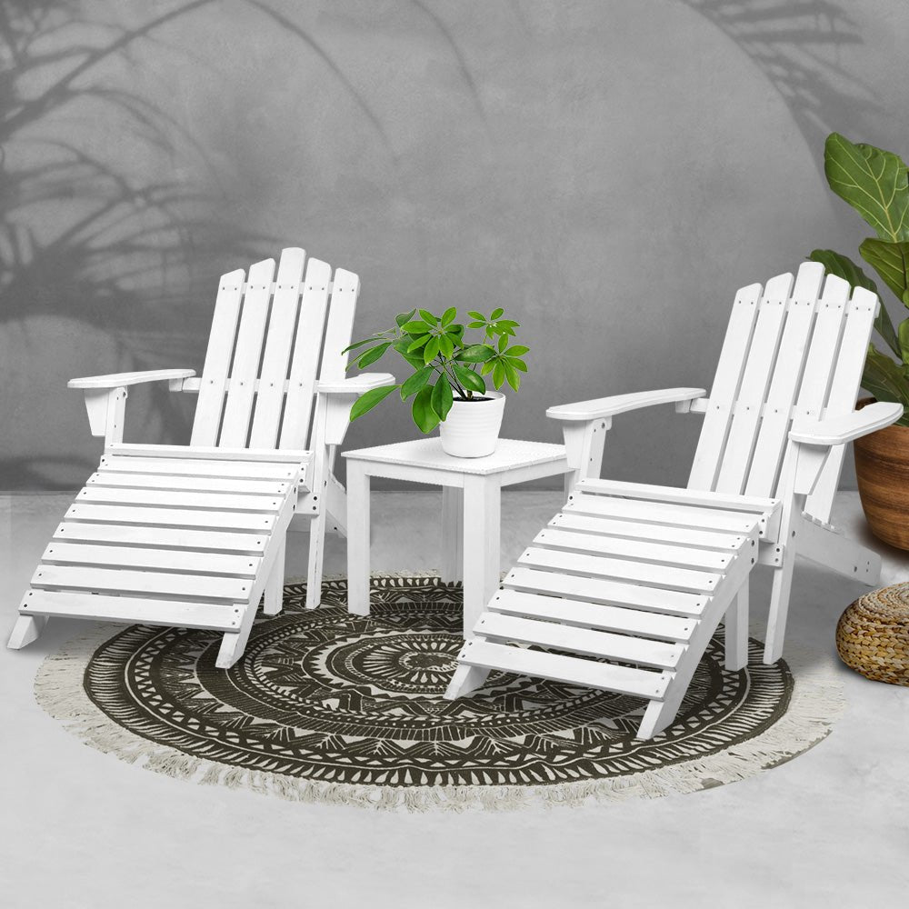 Gardeon 5PC Adirondack Outdoor Table and Chairs Wooden Sun Lounge Patio Furniture White - OZ Home Deals