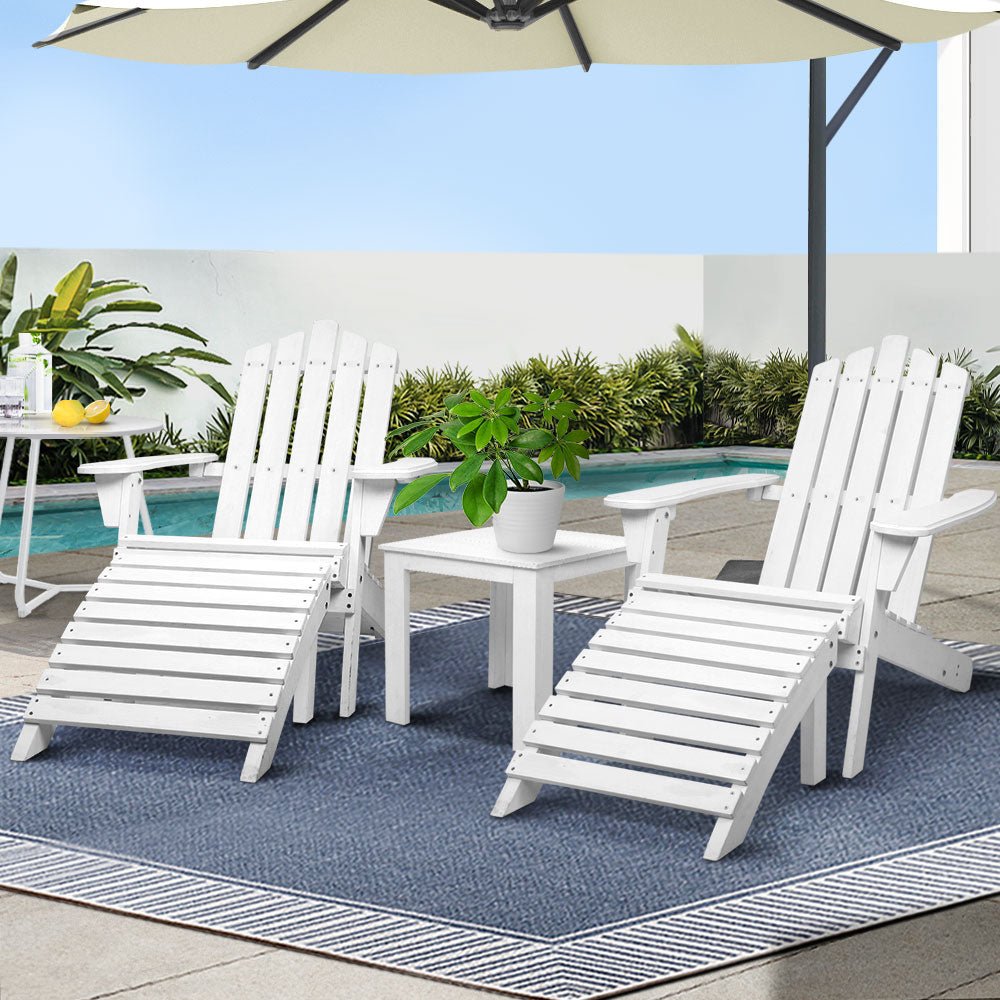 Gardeon 5PC Adirondack Outdoor Table and Chairs Wooden Sun Lounge Patio Furniture White - OZ Home Deals
