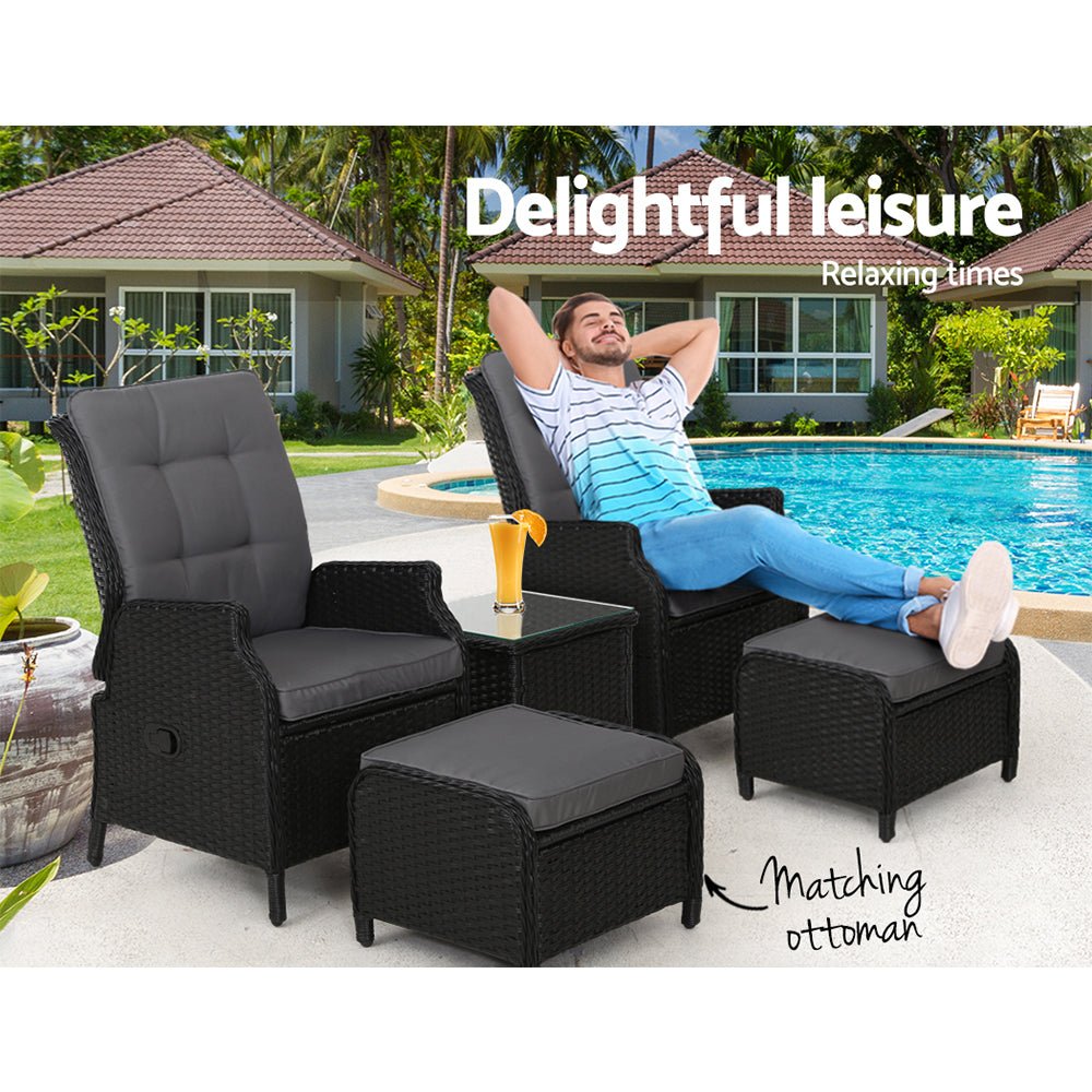 Gardeon 5PC Recliner Chairs Table Sun lounge Wicker Outdoor Furniture Adjustable Black - OZ Home Deals