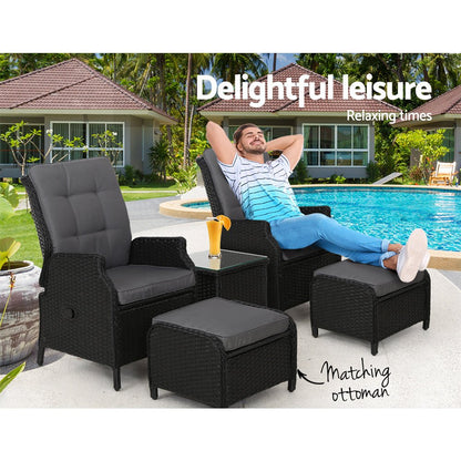 Gardeon 5PC Recliner Chairs Table Sun lounge Wicker Outdoor Furniture Adjustable Black - OZ Home Deals