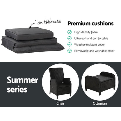 Gardeon 5PC Recliner Chairs Table Sun lounge Wicker Outdoor Furniture Adjustable Black - OZ Home Deals