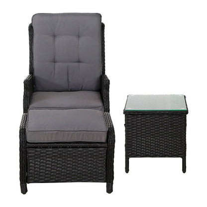 Gardeon 5PC Recliner Chairs Table Sun lounge Wicker Outdoor Furniture Adjustable Black - OZ Home Deals