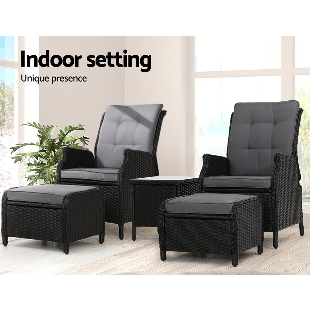 Gardeon 5PC Recliner Chairs Table Sun lounge Wicker Outdoor Furniture Adjustable Black - OZ Home Deals