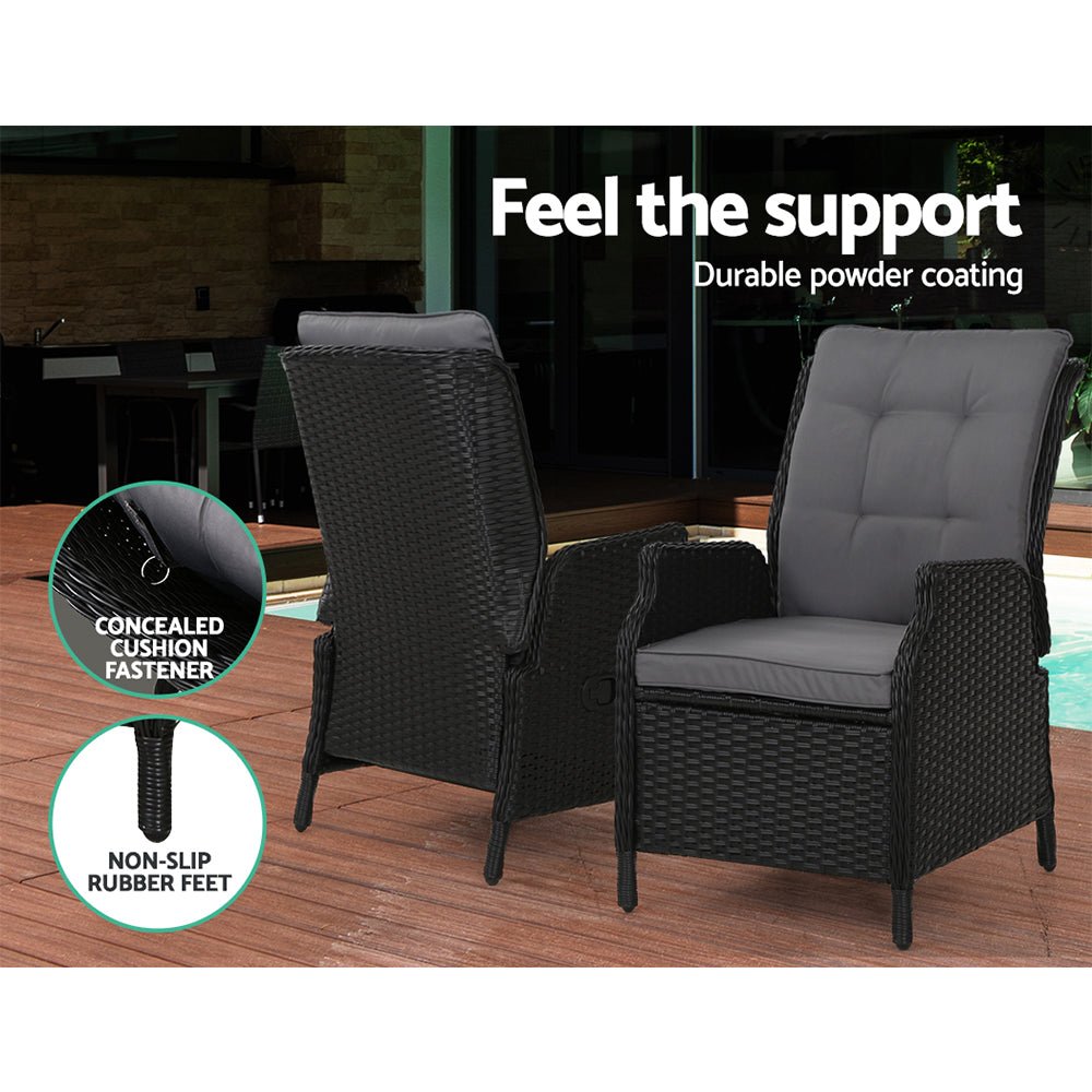 Gardeon 5PC Recliner Chairs Table Sun lounge Wicker Outdoor Furniture Adjustable Black - OZ Home Deals
