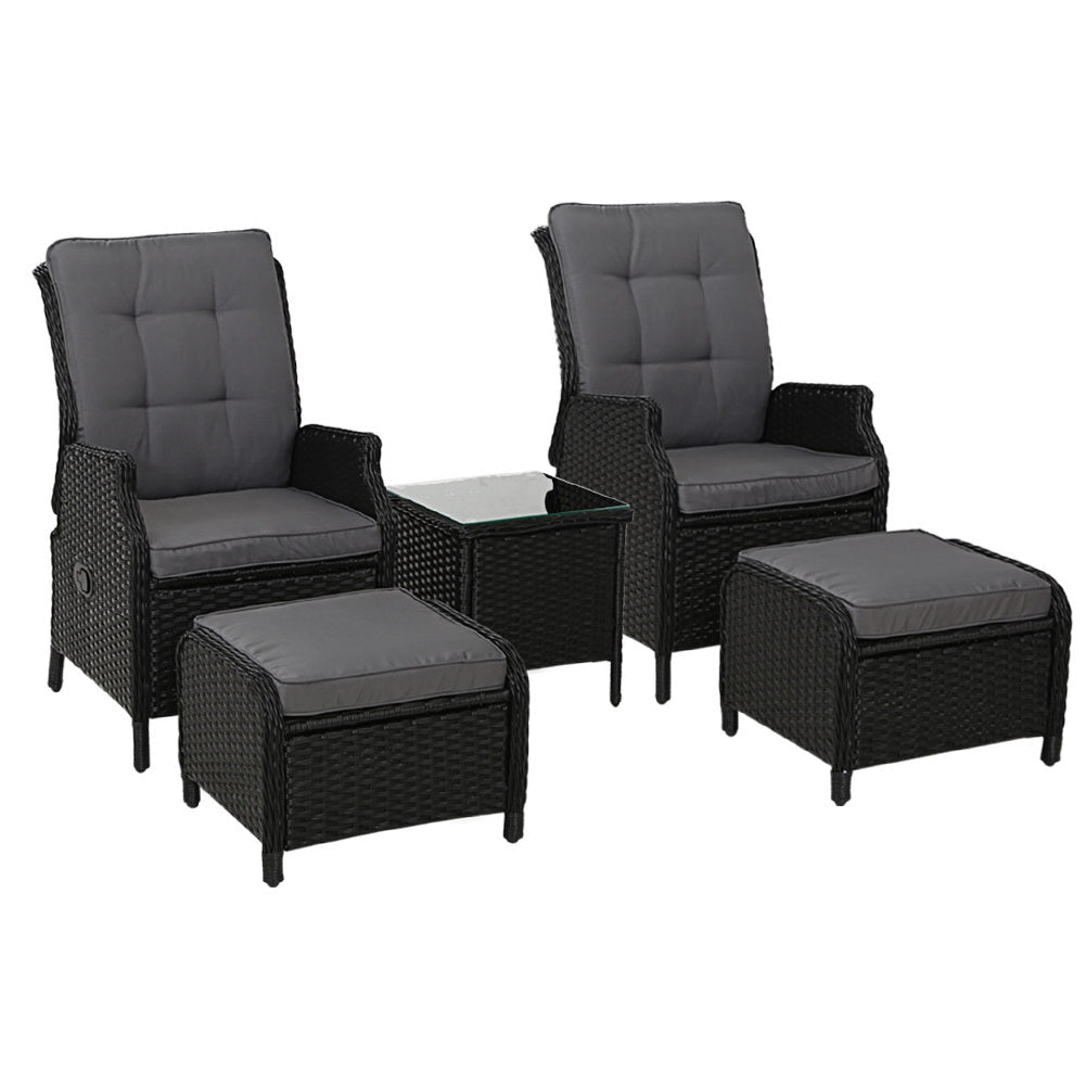 Gardeon 5PC Recliner Chairs Table Sun lounge Wicker Outdoor Furniture Adjustable Black - OZ Home Deals