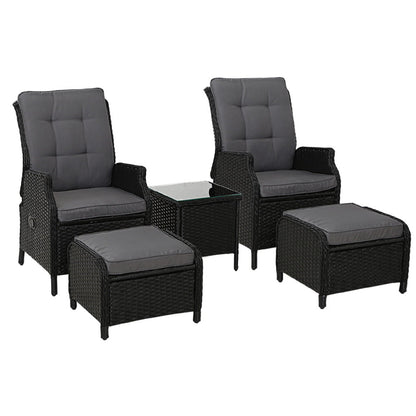 Gardeon 5PC Recliner Chairs Table Sun lounge Wicker Outdoor Furniture Adjustable Black - OZ Home Deals