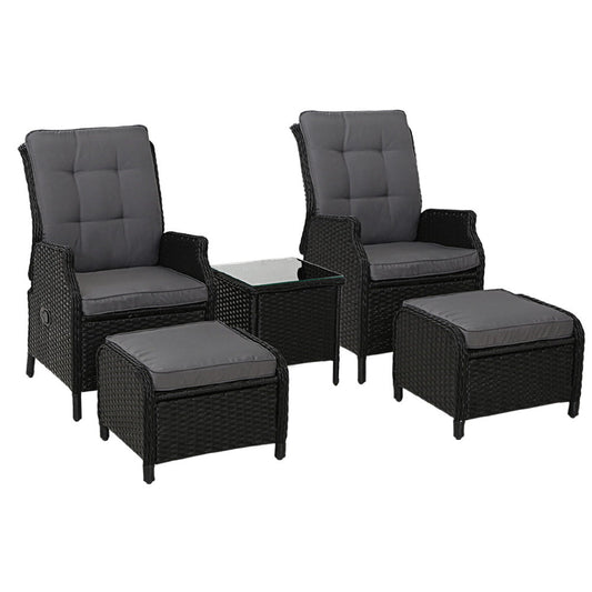 Gardeon 5PC Recliner Chairs Table Sun lounge Wicker Outdoor Furniture Adjustable Black - OZ Home Deals