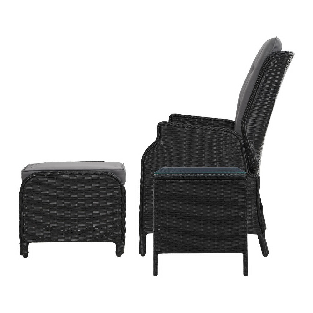 Gardeon 5PC Recliner Chairs Table Sun lounge Wicker Outdoor Furniture Adjustable Black - OZ Home Deals