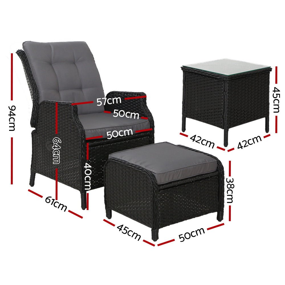 Gardeon 5PC Recliner Chairs Table Sun lounge Wicker Outdoor Furniture Adjustable Black - OZ Home Deals