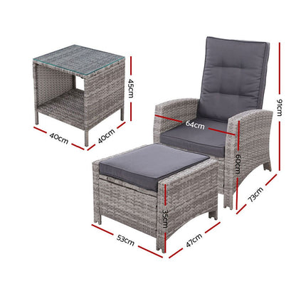 Gardeon 5PC Recliner Chairs Table Sun lounge Wicker Outdoor Furniture Adjustable Grey - OZ Home Deals