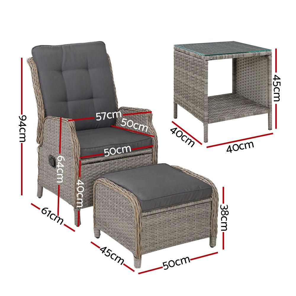 Gardeon 5PC Recliner Chairs Table Sun lounge Wicker Outdoor Furniture Adjustable Grey - OZ Home Deals