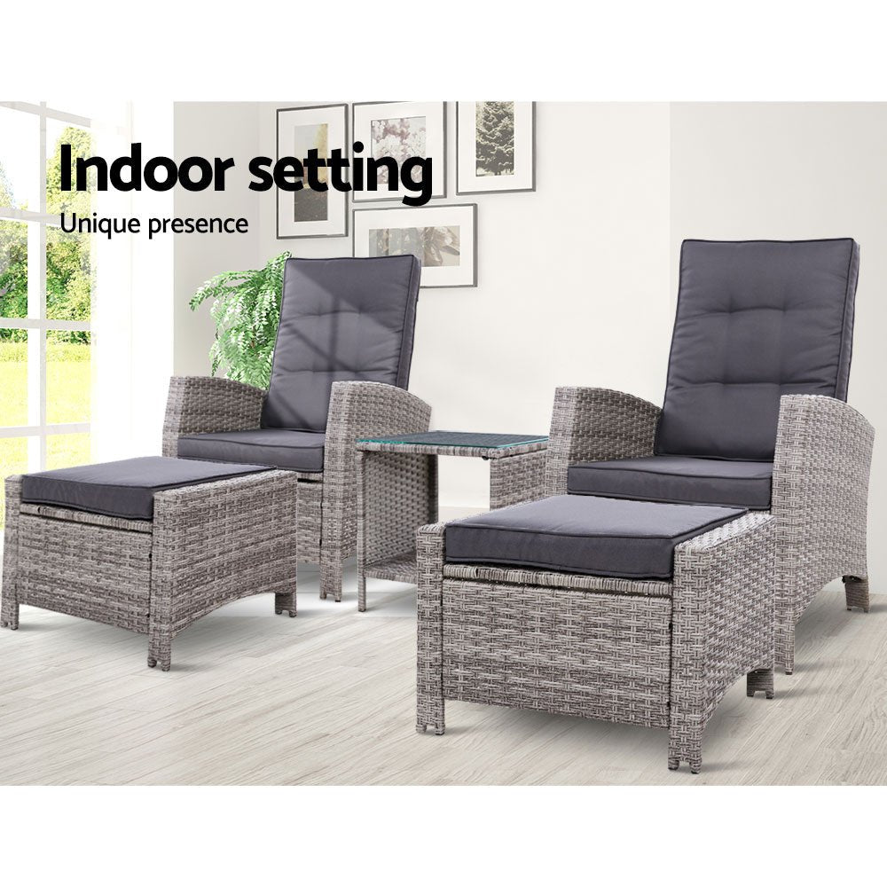 Gardeon 5PC Recliner Chairs Table Sun lounge Wicker Outdoor Furniture Adjustable Grey - OZ Home Deals