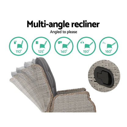 Gardeon 5PC Recliner Chairs Table Sun lounge Wicker Outdoor Furniture Adjustable Grey - OZ Home Deals