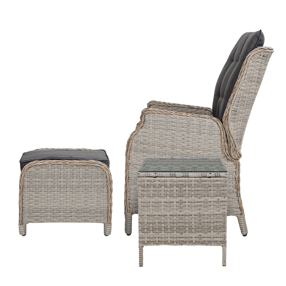 Gardeon 5PC Recliner Chairs Table Sun lounge Wicker Outdoor Furniture Adjustable Grey - OZ Home Deals