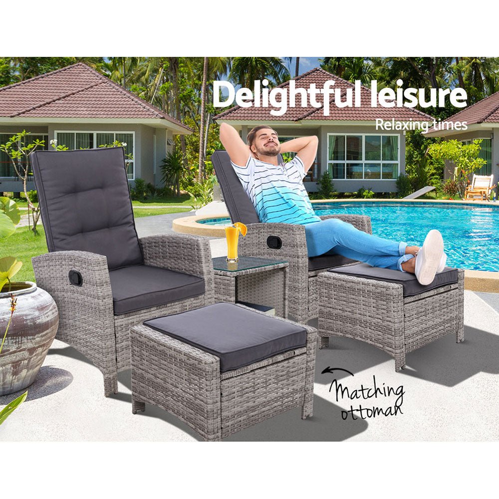 Gardeon 5PC Recliner Chairs Table Sun lounge Wicker Outdoor Furniture Adjustable Grey - OZ Home Deals