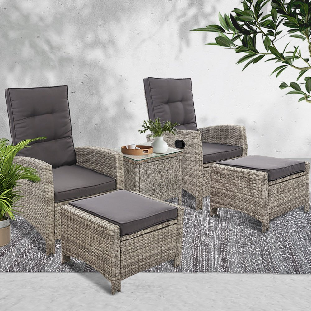 Gardeon 5PC Recliner Chairs Table Sun lounge Wicker Outdoor Furniture Adjustable Grey - OZ Home Deals