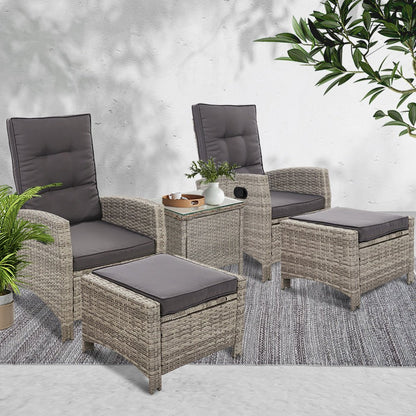 Gardeon 5PC Recliner Chairs Table Sun lounge Wicker Outdoor Furniture Adjustable Grey - OZ Home Deals