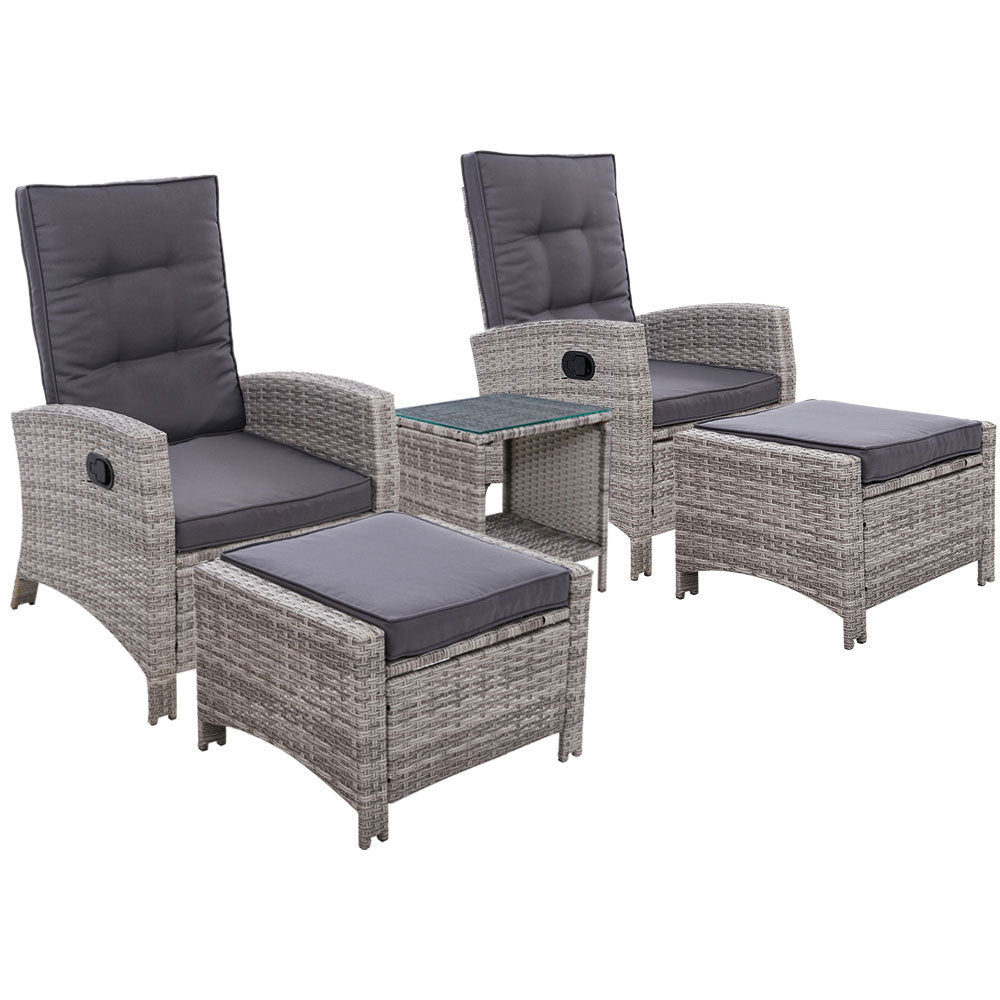 Gardeon 5PC Recliner Chairs Table Sun lounge Wicker Outdoor Furniture Adjustable Grey - OZ Home Deals