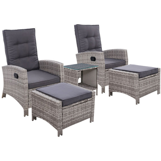 Gardeon 5PC Recliner Chairs Table Sun lounge Wicker Outdoor Furniture Adjustable Grey - OZ Home Deals