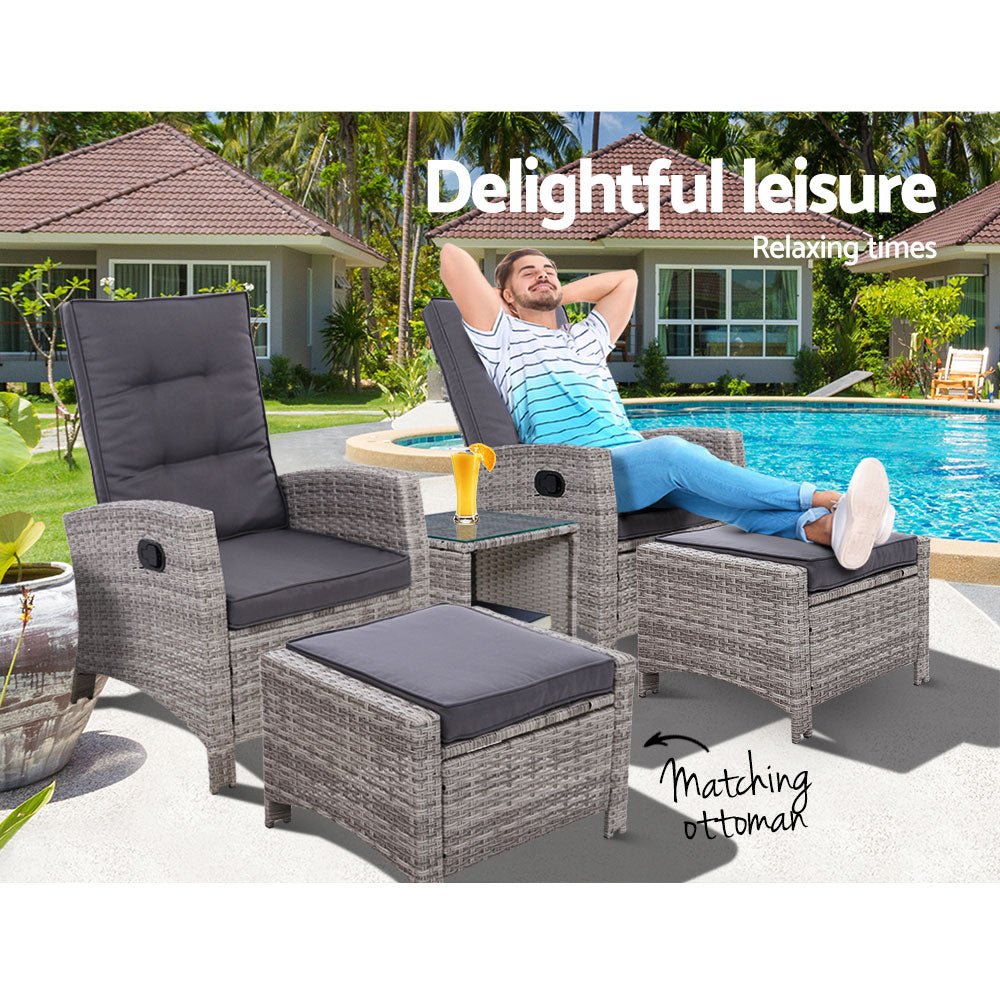 Gardeon 5PC Recliner Chairs Table Sun lounge Wicker Outdoor Furniture Adjustable Grey - OZ Home Deals