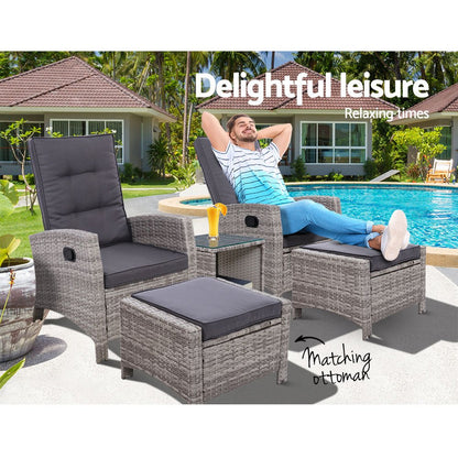 Gardeon 5PC Recliner Chairs Table Sun lounge Wicker Outdoor Furniture Adjustable Grey - OZ Home Deals