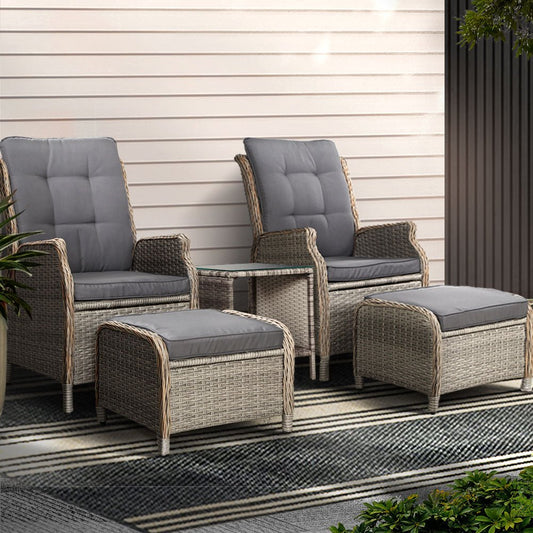 Gardeon 5PC Recliner Chairs Table Sun lounge Wicker Outdoor Furniture Adjustable Grey - OZ Home Deals