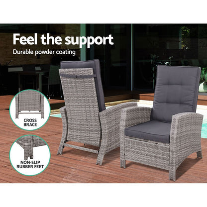 Gardeon 5PC Recliner Chairs Table Sun lounge Wicker Outdoor Furniture Adjustable Grey - OZ Home Deals