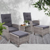 Gardeon 5PC Recliner Chairs Table Sun lounge Wicker Outdoor Furniture Adjustable Grey - OZ Home Deals