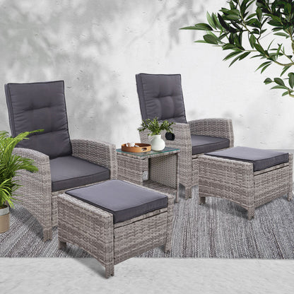Gardeon 5PC Recliner Chairs Table Sun lounge Wicker Outdoor Furniture Adjustable Grey - OZ Home Deals