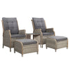 Gardeon 5PC Recliner Chairs Table Sun lounge Wicker Outdoor Furniture Adjustable Grey - OZ Home Deals
